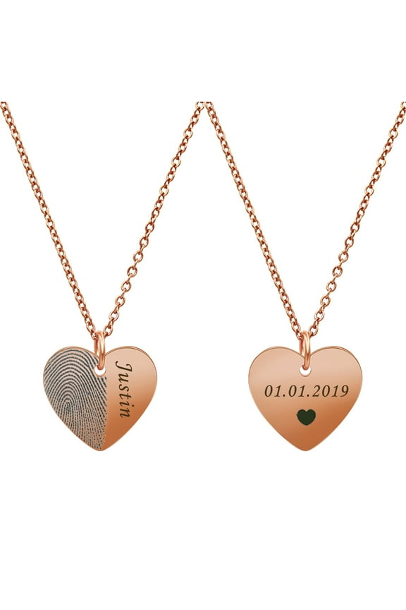 Personalized Half Heart Fingerprint Necklace Memorial Keepsake Stainless Steel Engraved Actual Thumb Print Jewelry Engraving with Gift Box [Rose Gold]