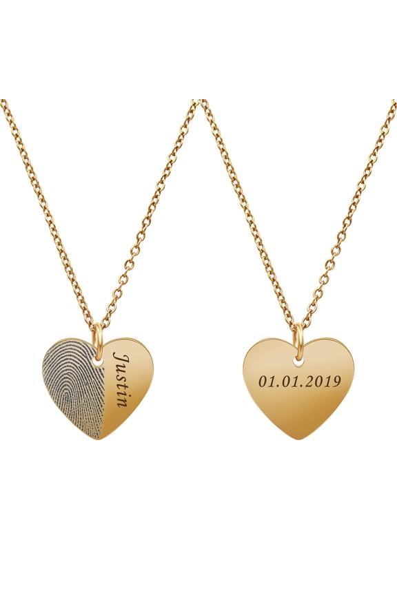 Personalized Half Heart Fingerprint Necklace Memorial Keepsake Stainless Steel Engraved Actual Thumb Print Jewelry Engraving with Gift Box [Gold]