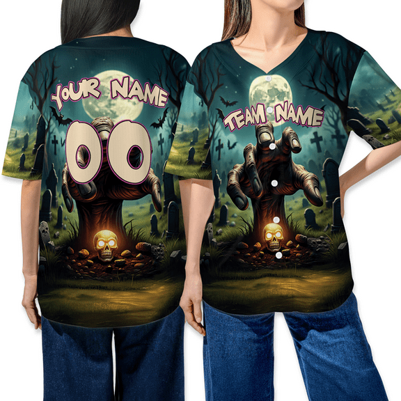 Personalized Halloween Baseball Jersey – Custom Name & Number – Graveyard Zombie Hand Design – Unisex Creepy Costume Shirt