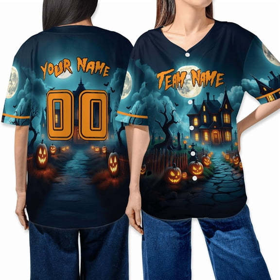 Personalized Halloween Baseball Jersey - Custom Name & Number - Haunted House & Pumpkin Design - Unisex Sports Shirt for Halloween Party, Costume, or Team Events