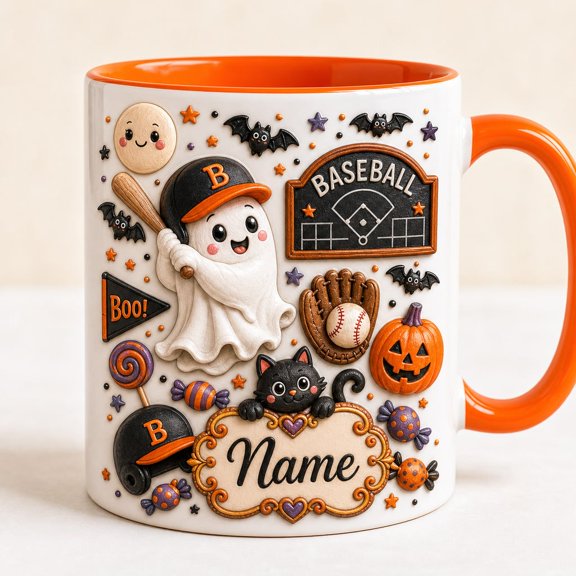 Personalized Halloween Baseball Mug Custom Name Ceramic Coffee Cup for Baseball Players