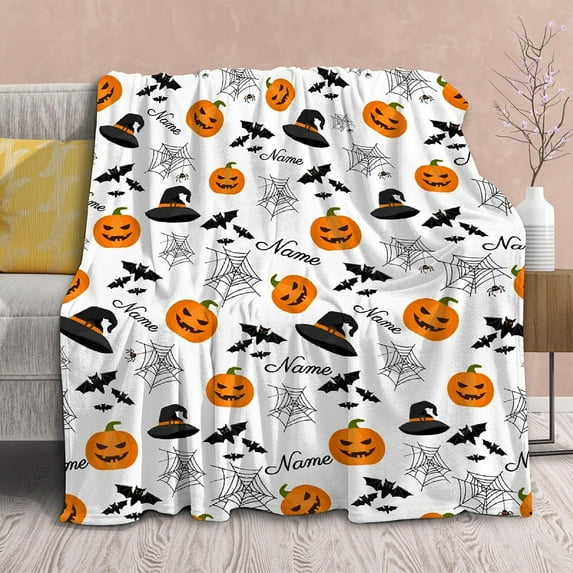 Personalized Halloween Blanket Custom Name with Pumpkin Fleece Throws Blanket Gift for Girls Boys Kids Soft Flannel Blankets for All Season Bed Sofa-50"x60"