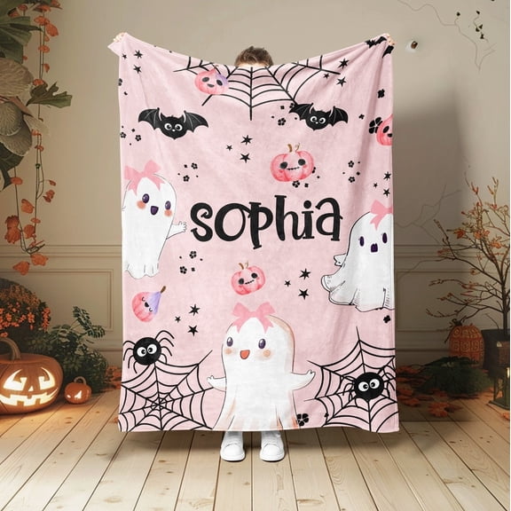 Personalized Halloween Blanket – Cute Ghosts Sherpa Fleece Throw, Custom Name Cozy Fall Blanket, Spooky Season Gift for Daughter