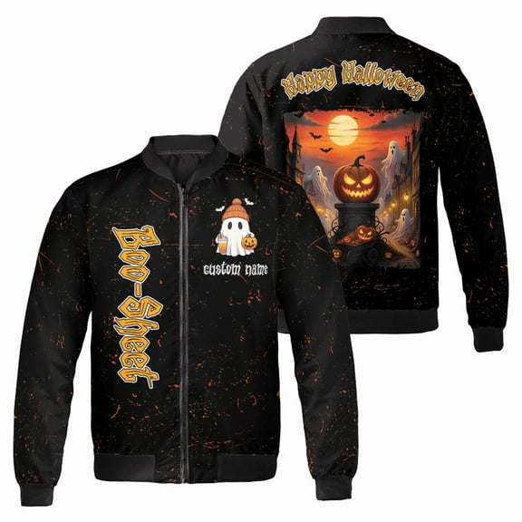 Personalized Halloween Bomber Jacket – Boo Sheet Ghost Print – Custom Name – Spooky Pumpkin & Ghost Design – Unisex Lightweight Jacket