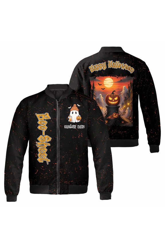 Personalized Halloween Bomber Jacket – Boo Sheet Ghost Print – Custom Name – Spooky Pumpkin & Ghost Design – Unisex Lightweight Jacket