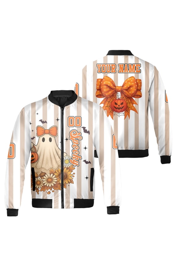 Personalized Halloween Bomber Jacket – Cute Ghost & Pumpkin Design – Custom Name Spooky Fall Outerwear for Men & Women