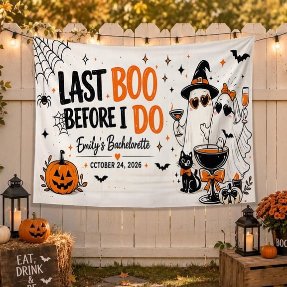 Personalized Halloween Bridal Party Linen-Style Fabric Tapestry, Custom Ghost Theme Backdrop for Bachelorette Party and Wedding Celebration Decor