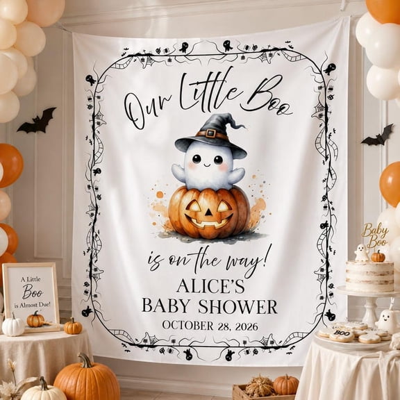 Personalized Halloween Celebration Linen-Style Fabric Tapestry, Custom Ghost Pumpkin Party Backdrop for October Celebration and Spooky Event Decor