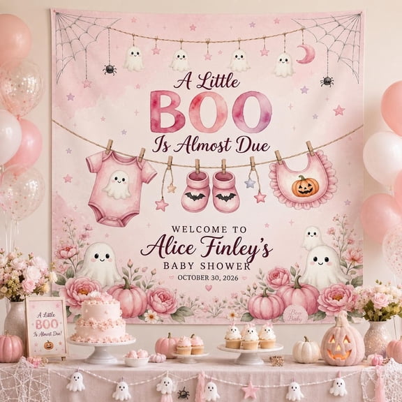 Personalized Halloween Celebration Linen-Style Fabric Tapestry, Custom Pink Ghost Party Backdrop for October Celebration and Spooky Event Decor