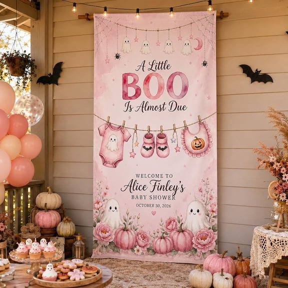 Personalized Halloween Celebration Linen-Style Fabric Tapestry, Custom Pink Ghost Party Backdrop for October Celebration and Spooky Event Decor
