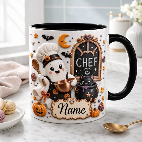 Personalized Halloween Chef Mug Cute Ghost Ceramic Coffee Cup for Cooking Lovers