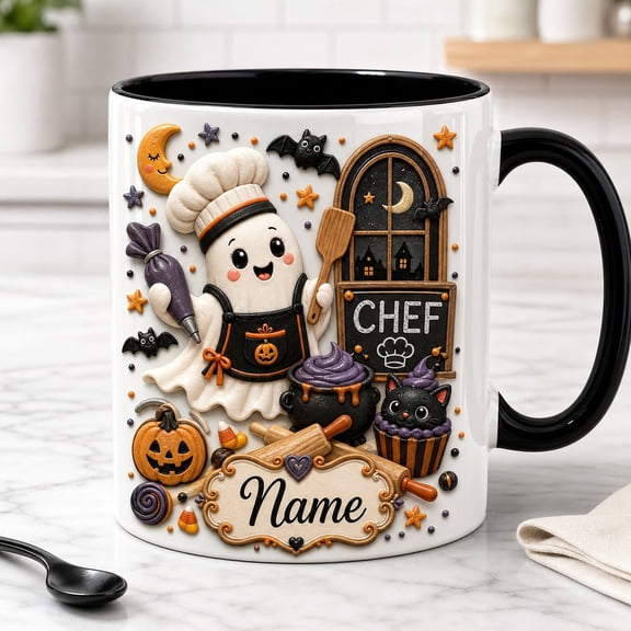 Personalized Halloween Chef Mug Cute Ghost Ceramic Coffee Cup for Cooking Lovers