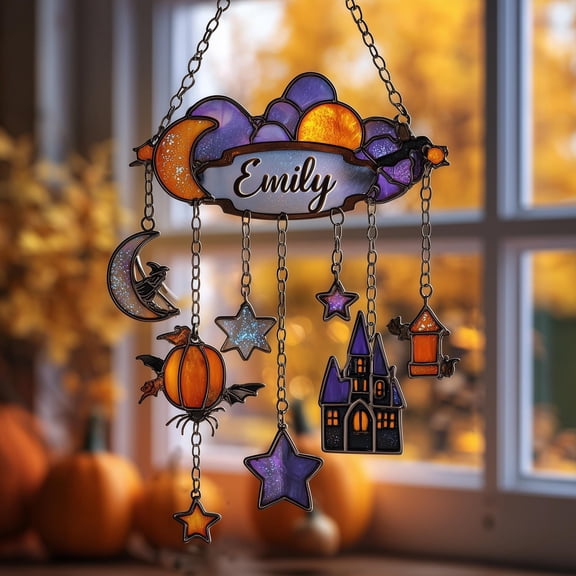 Personalized Halloween Cloud Faux Wavy Acrylic Wavy Acrylic Suncatcher - Custom Name Window Decor - Witchy Starry Gift Idea