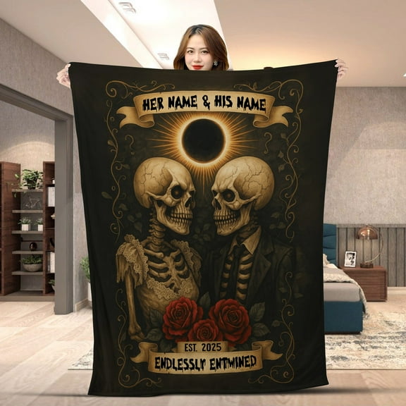 Personalized Halloween Couple Skeleton Blanket, Custom Skull Love Blanket, Romantic Anniversary, Cozy Wedding Throw, Endless Love Décor