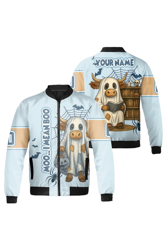 Personalized Halloween Cow Bomber Jacket – Moo I Mean Boo Ghost Design – Custom Name Cute Fall Outerwear