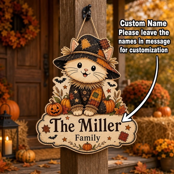 Personalized Halloween Door Hanger Scarecrow Cat Sign for Front Door Fall Welcome Decor