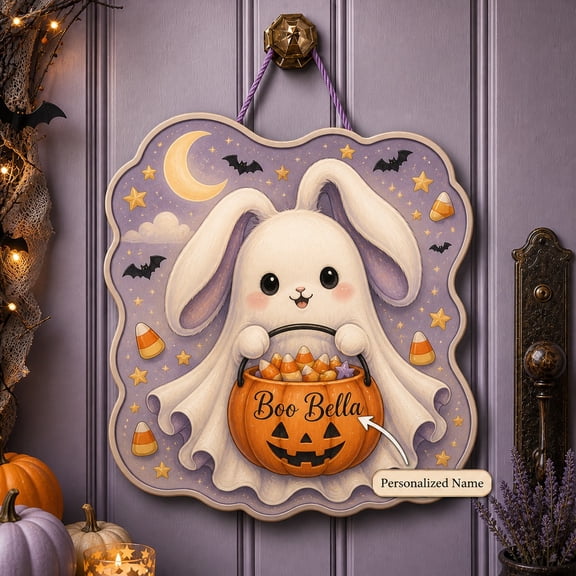 Personalized Halloween Door Sign Ghost Bunny Wood Door Hanger with Custom Name for Fall Porch