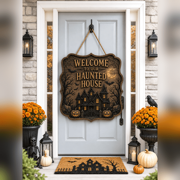 Personalized Halloween Door Sign Haunted House Wooden Front Door Welcome Plaque for Families