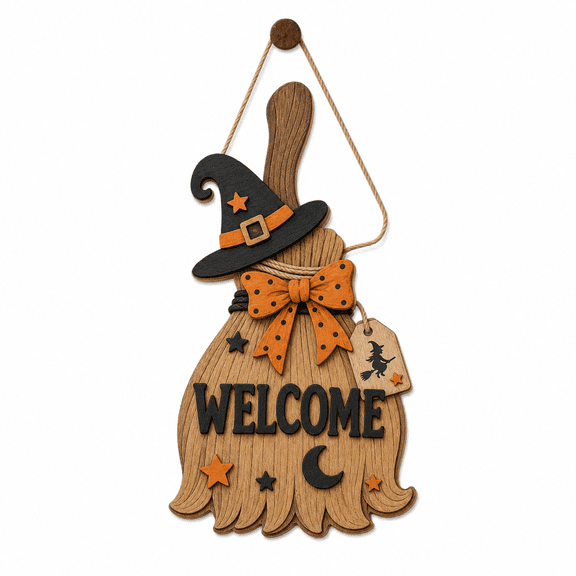 Personalized Halloween Door Sign Witch Broom Wooden Front Door Hanging for Entryway