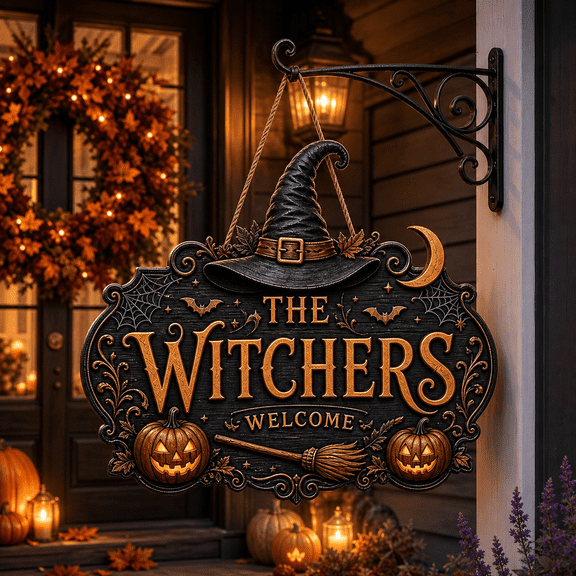 Personalized Halloween Door Sign Witch Family Name Front Door Welcome Sign for Porch Entry