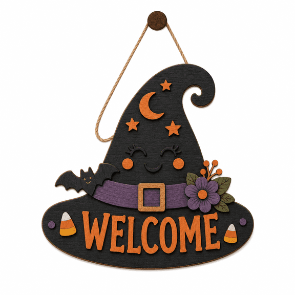Personalized Halloween Door Sign Witch Hat Wooden Front Door Hanging for Halloween Entryway
