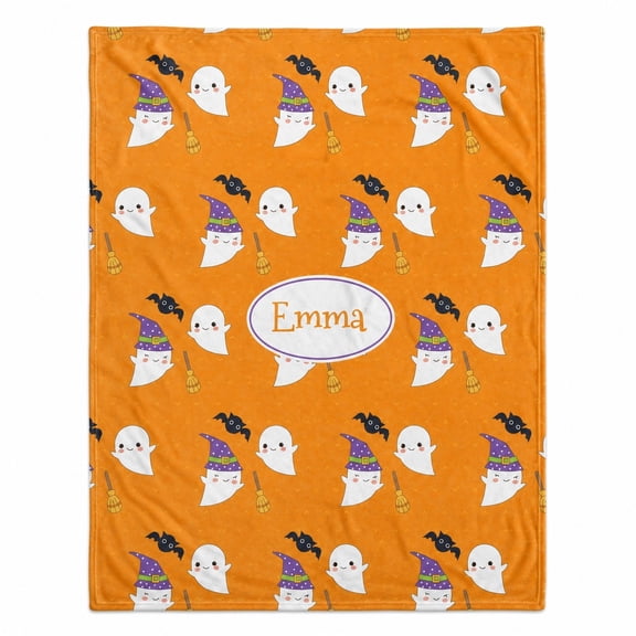 Personalized Halloween Fleece Blanket, Custom Name Ghost Pattern Throw, 280gsm Polyester Fleece, Orange 3D Print Blanket