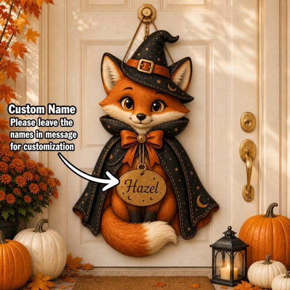 Personalized Halloween Fox Wooden Door Hanger, Witch Hat Front Door Sign for Fall Porch Decor