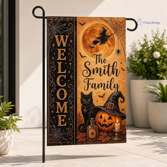 Personalized Halloween Garden Flag, Custom Family Name Witch Black Cat Pumpkin Fall Yard Flag, Double Sided Outdoor Decor Gift