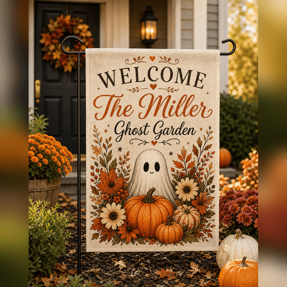 Personalized Halloween Garden Flag with Ghost, Fall Welcome Outdoor Decor