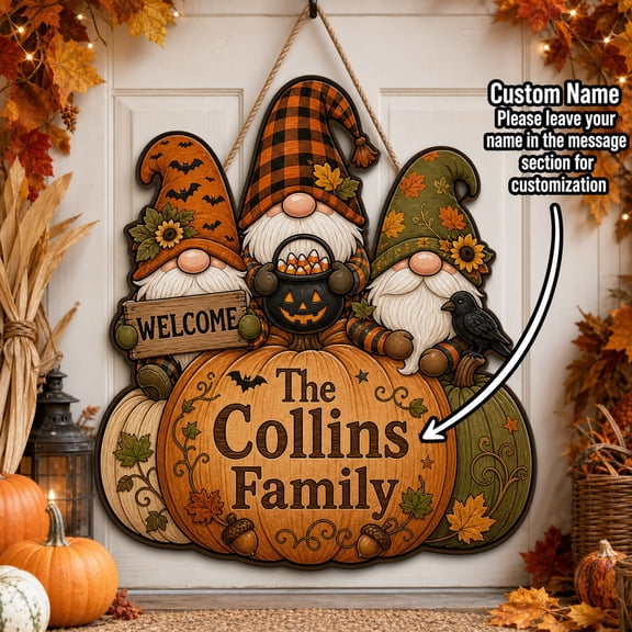 Personalized Halloween Gnome Family Door Sign, Pumpkin Patch Wood Door Hanger for Fall