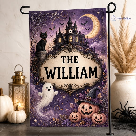 Personalized Halloween Haunted House Garden Flag, Custom Family Name Yard Flag, Halloween Porch Decor, Garden Flag, Yard Flag, Outdoor Decor