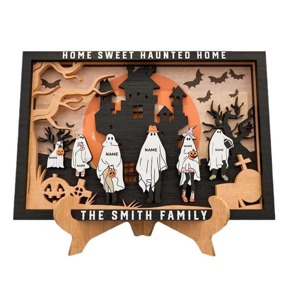 Personalized Halloween Haunted House Sign with Custom Family Names, Wooden Ghost Decor, Spooky Tabletop Centerpiece for Home