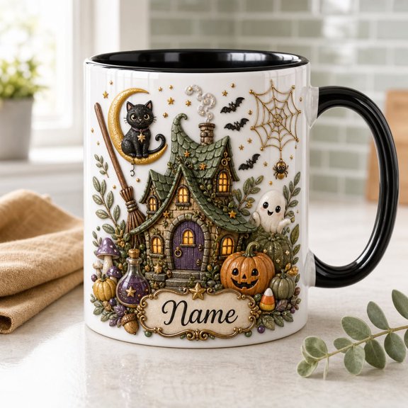 Personalized Halloween Mug Custom Name Haunted House Ceramic Coffee Cup Gift for Halloween Lovers