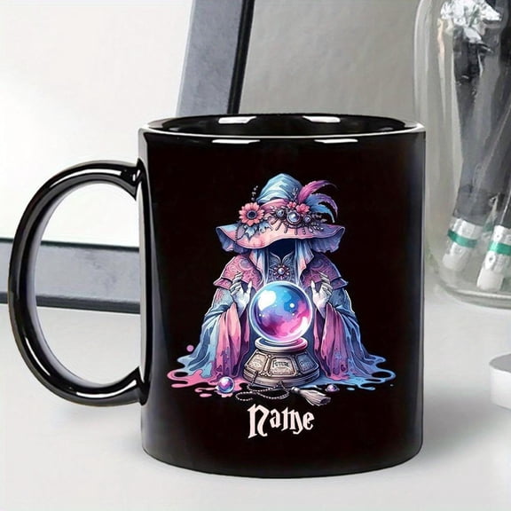 Personalized Halloween Mug Custom Name Text Gothic Witch Design with Purple Pink Accents 11oz Ceramic Cup Dishwasher Coffee Tea Cup Spooky Women Men H