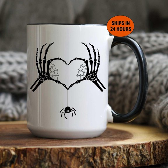 Personalized Halloween Mug with Skeleton Hand and Spider Spooky Coffee Mug Gothic Fall Mug