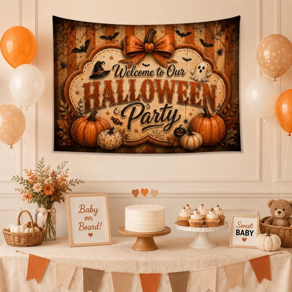 Personalized Halloween Party Linen-Style Fabric Tapestry, Custom Pumpkin Backdrop for Spooky Fall Decor, Birthday and Seasonal Celebration