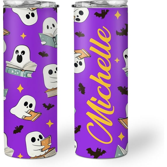 Personalized Halloween Skinny Tumbler - Cute Ghost Reading Tumbler - Spooky Season Gifts - Funny Reader, Bookish Gifts - Book Lovers Gifts - Custom Name 20oz Stainless Steel Tumbler