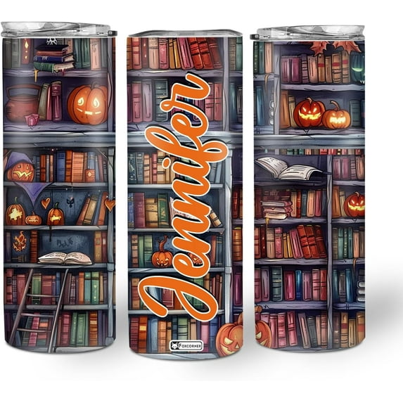 Personalized Halloween Skinny Tumbler Gifts - Halloween Spooky Book Library Tumbler on Halloween Birthday Christmas - Gothic Witchy Bookish Gifts - Custom Name 20oz Stainless Steel Tumbler