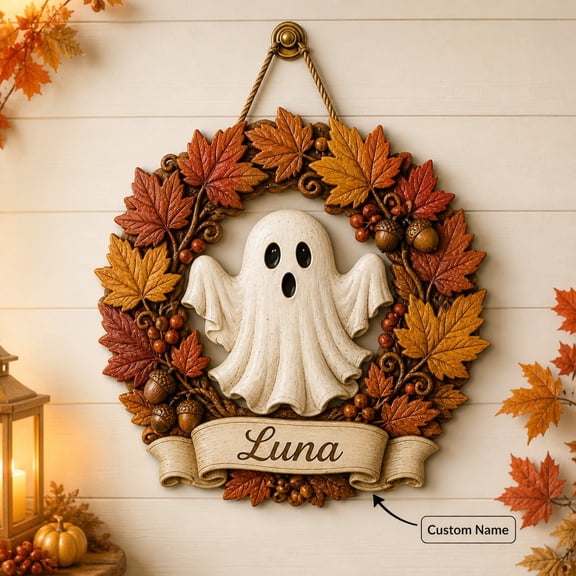 Personalized Halloween Welcome Sign, Ghost Maple Leaf Wooden Door Hanger for Fall Entryway