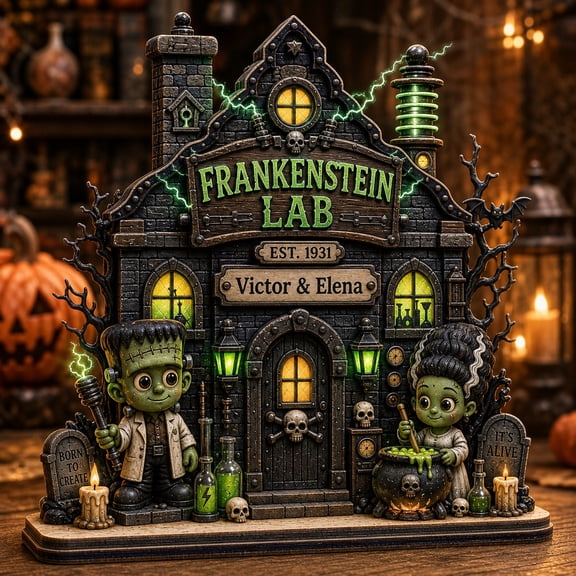 Personalized Halloween Wooden Block Frankenstein Laboratory Wood Tabletop Display for Couples