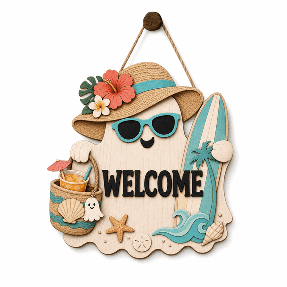 Personalized Halloween Wooden Sign Beach Ghost Welcome Door Hanger for Front Door