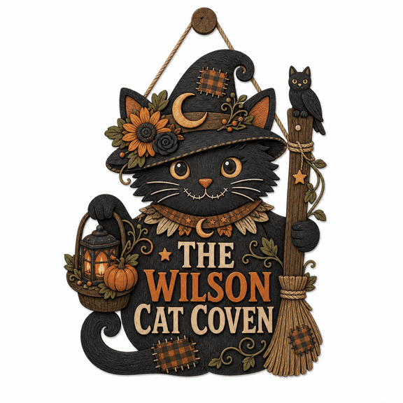Personalized Halloween Wooden Sign Black Cat House Wooden Door Hanging for Cat Lovers