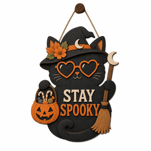 Personalized Halloween Wooden Sign Black Cat Stay Spooky Wood Door Hanger for Halloween Hosts