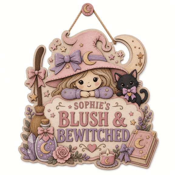 Personalized Halloween Wooden Sign Blush Witch Wood Hanging Door Decor for Halloween Lovers