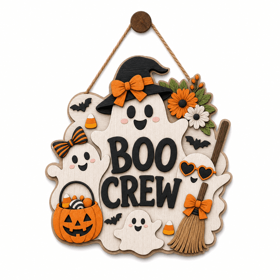 Personalized Halloween Wooden Sign Boo Crew Wood Front Door Hanger for Halloween Homes