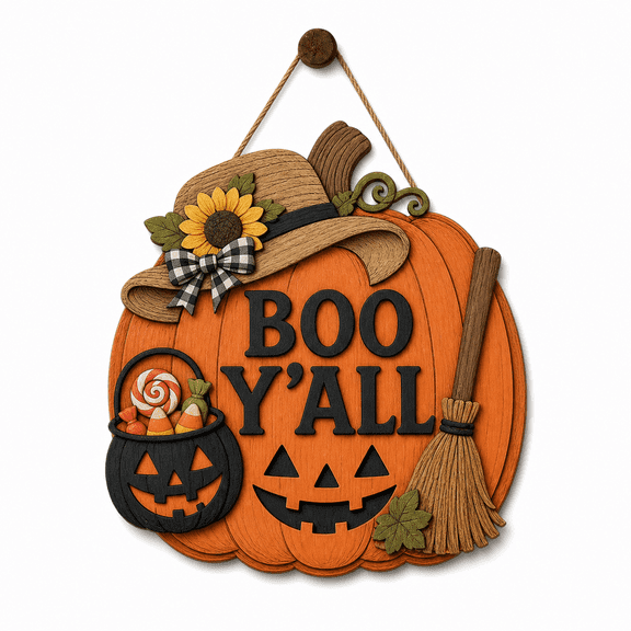 Personalized Halloween Wooden Sign Boo Y'all Pumpkin Wooden Door Hanger for Fall Entryway