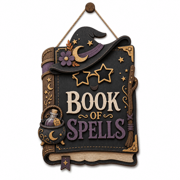 Personalized Halloween Wooden Sign Book of Spells Wood Door Hanger for Entryway Halloween Lovers