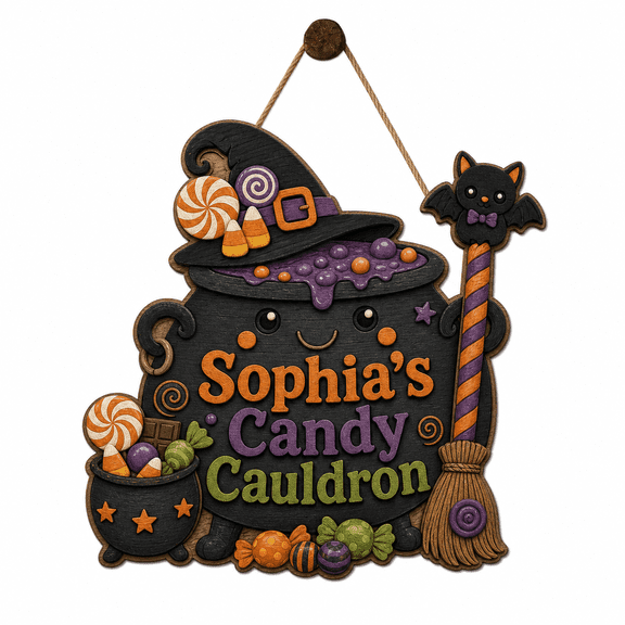 Personalized Halloween Wooden Sign Candy Cauldron Door Hanger for Trick or Treat Party Decor