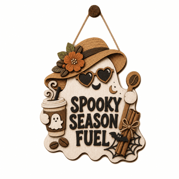 Personalized Halloween Wooden Sign Coffee Ghost Wooden Door Hanger for Spooky Season Hosts