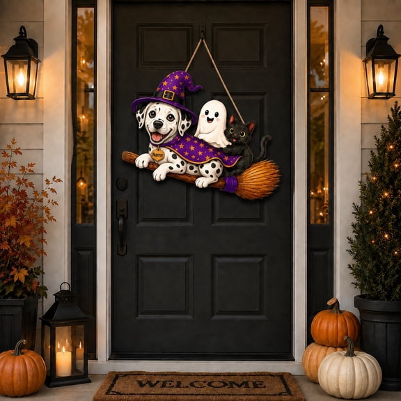 Personalized Halloween Wooden Sign Dalmatian Witch Wood Front Door Hanging for Dog Lovers